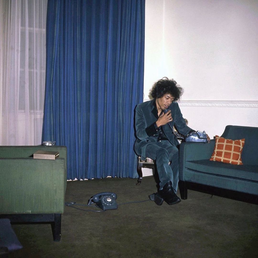 Jimi Hendrix at Ringo Starr's apartment in London, 1967. Jimi sublet the apartment from Ringo for £30 a month, but he lived there for less than a year because Ringo reportedly evicted him after Jimi threw whitewash over the walls while on an acid trip.